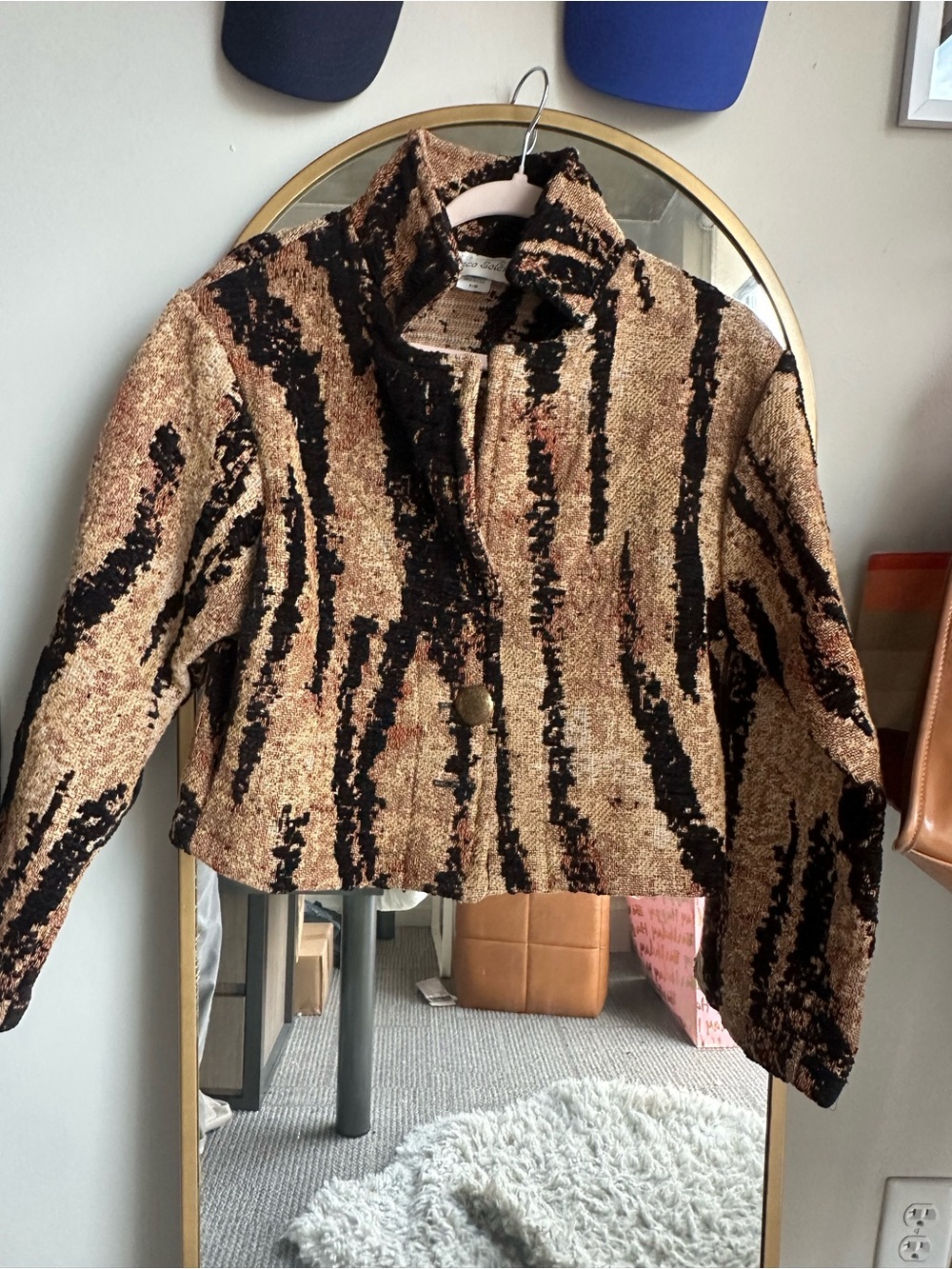 Vintage Women’s Cropped Patterned Jacket in Tan & Black